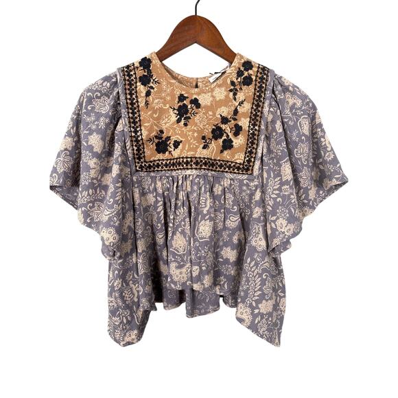 Unsubscribed Blouse Womens Size 2 Smocked Peplum Floral Boho Short Sleeve Casual - Picture 4 of 12